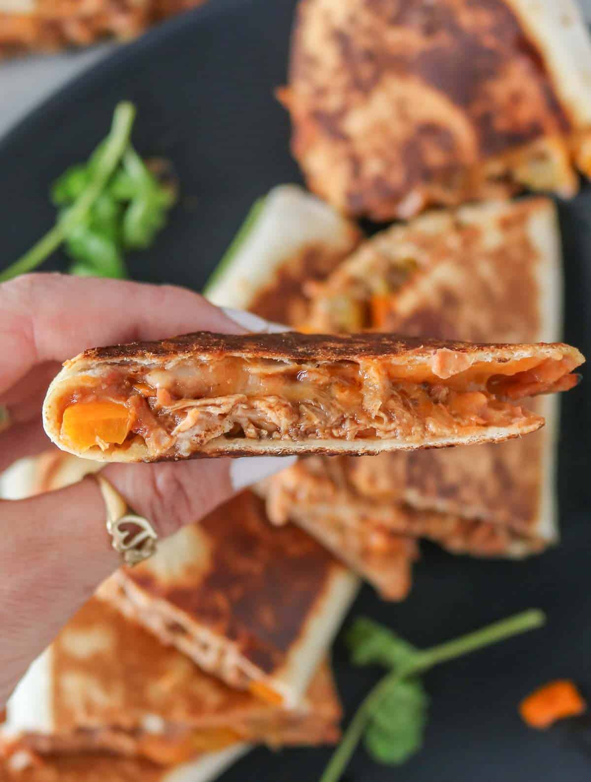 Hand holding a pulled pork quesadilla.