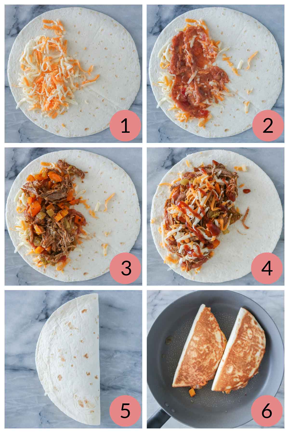 Collage of steps to assemble and pan fry pulled pork quesadillas.