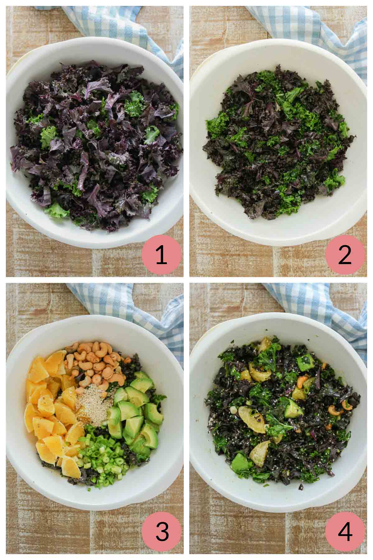 Collage of steps to make citrus kale salad.