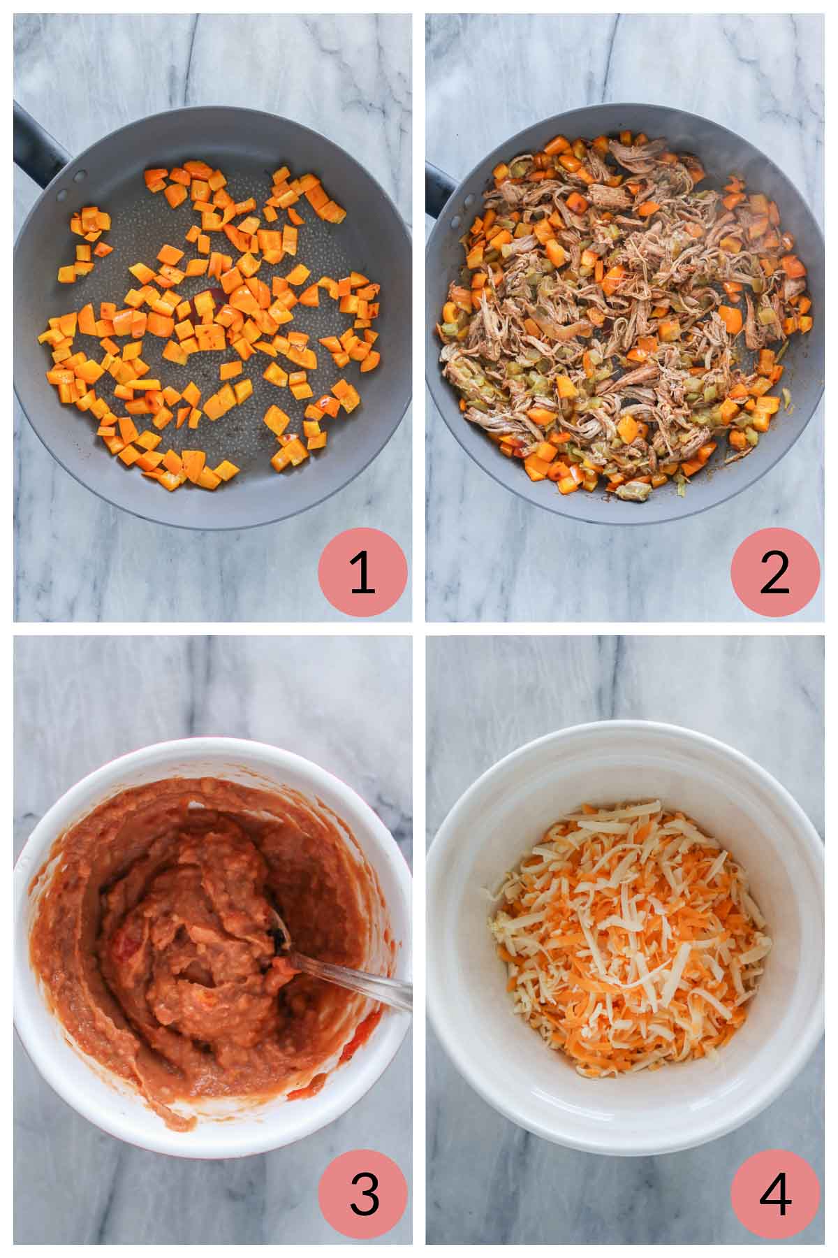 Collage of steps to make the filling for cheesy pork and bean quesadillas.