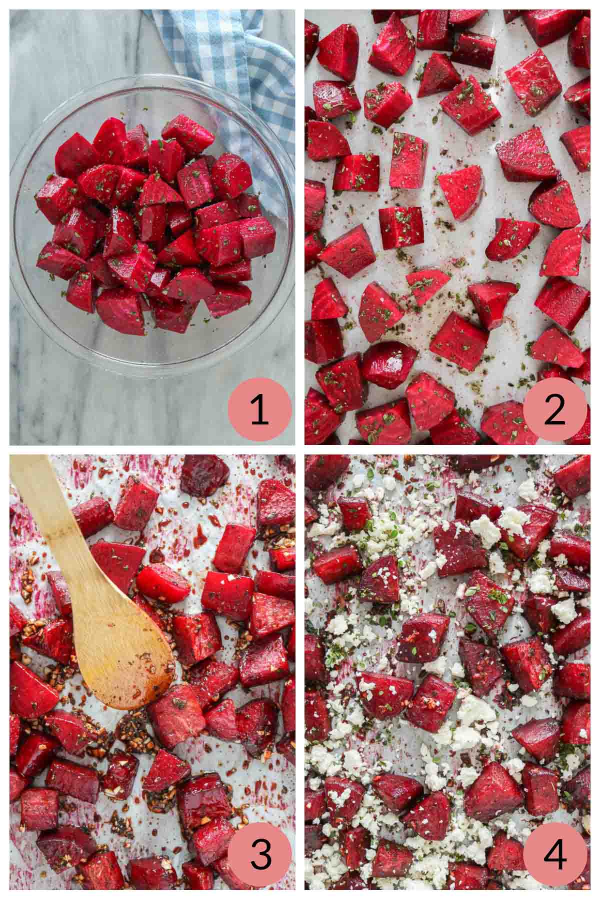 Collage of steps to make a roasted beetroot recipe.