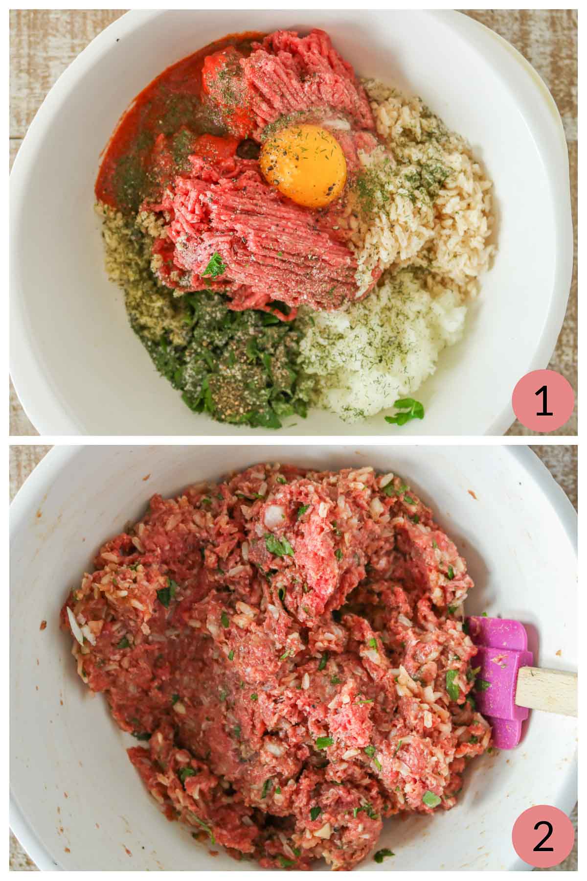 Collage of steps to make the ground meat filling for a stuffed cabbage roll recipe.