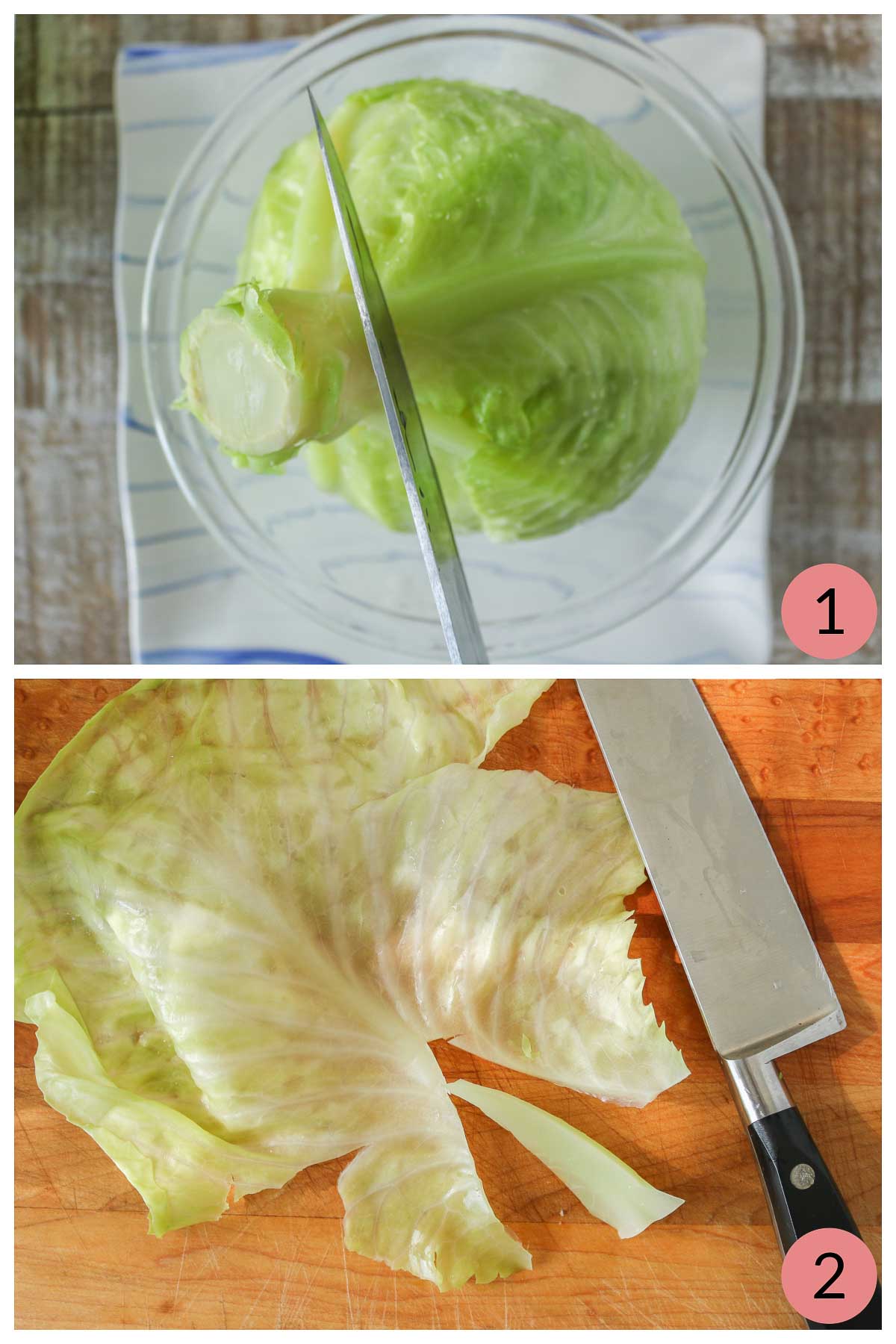 Collage of steps to remove the leaves and core from cabbage.