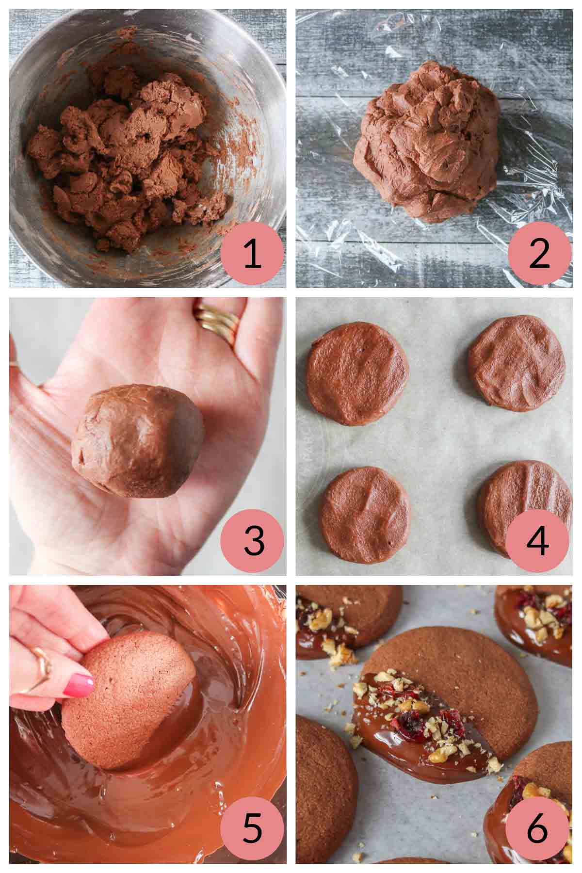 Collage of steps to make cornstarch shortbread cookies dipped in chocolate.
