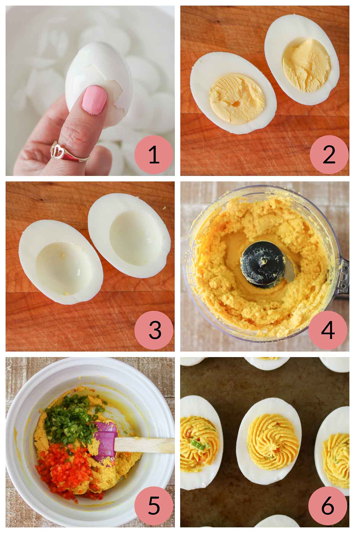 Collage of steps to make spiced deviled eggs.