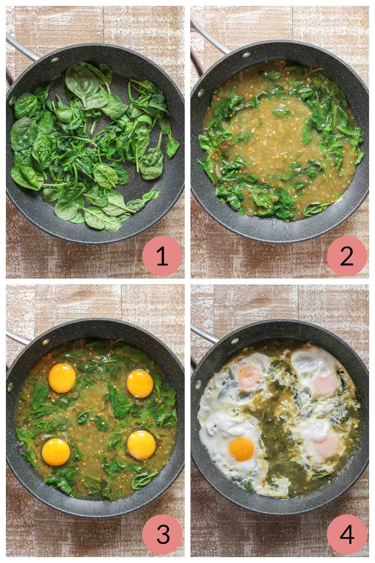 Collage of steps to cook eggs in salsa verde.