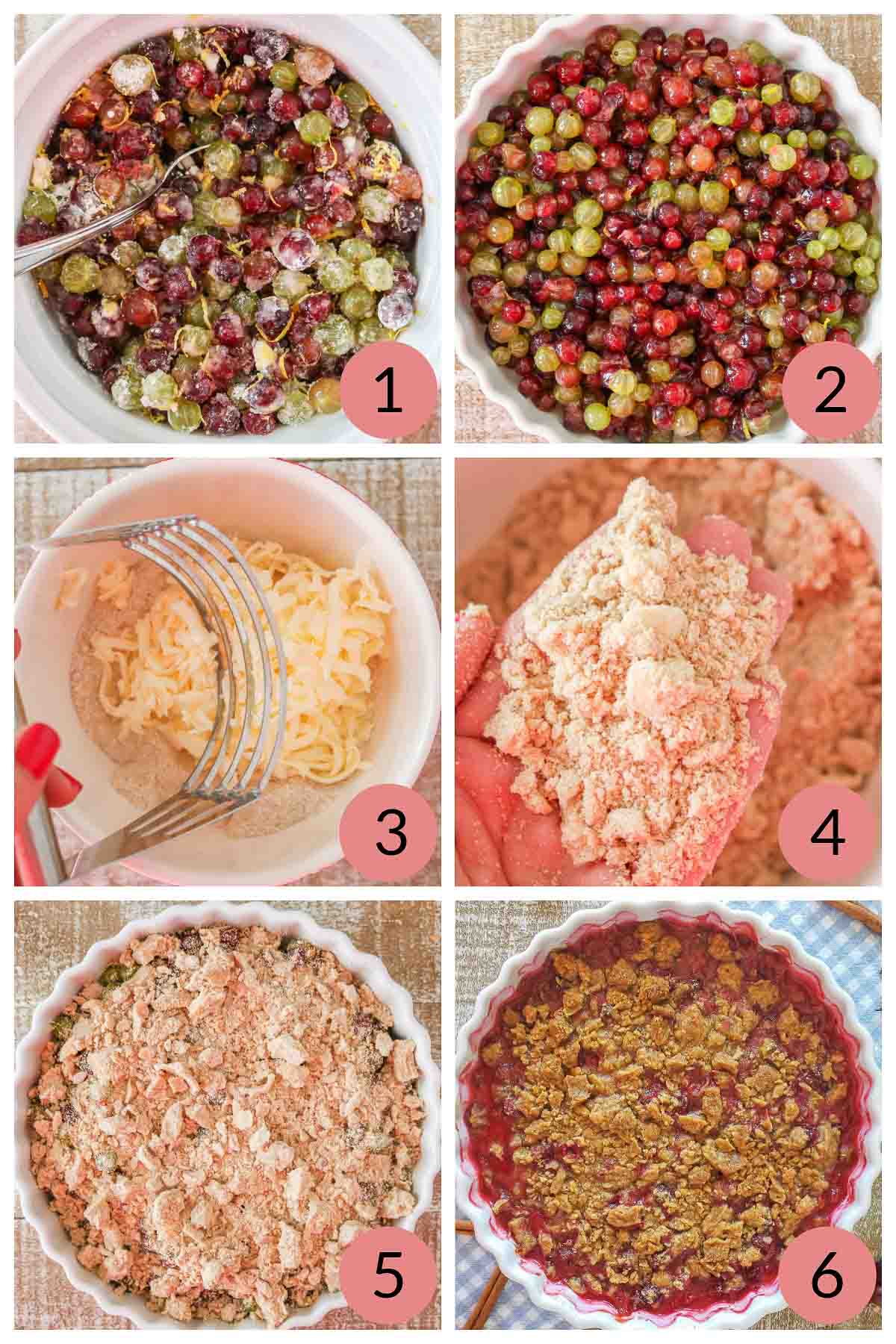 Collage of steps to make a gooseberry crumble dessert.