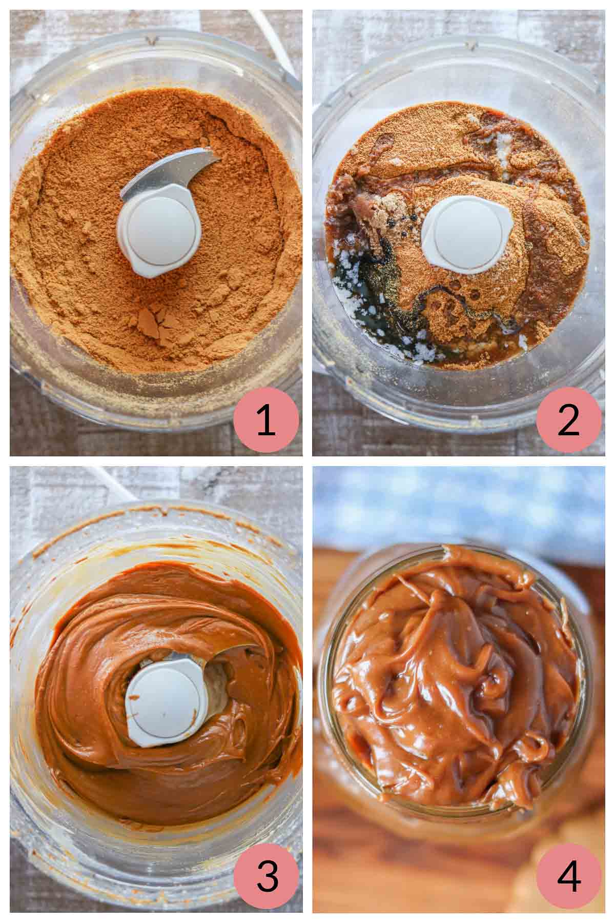 Collage of steps to make a homemade gingersnap cookie butter recipe.