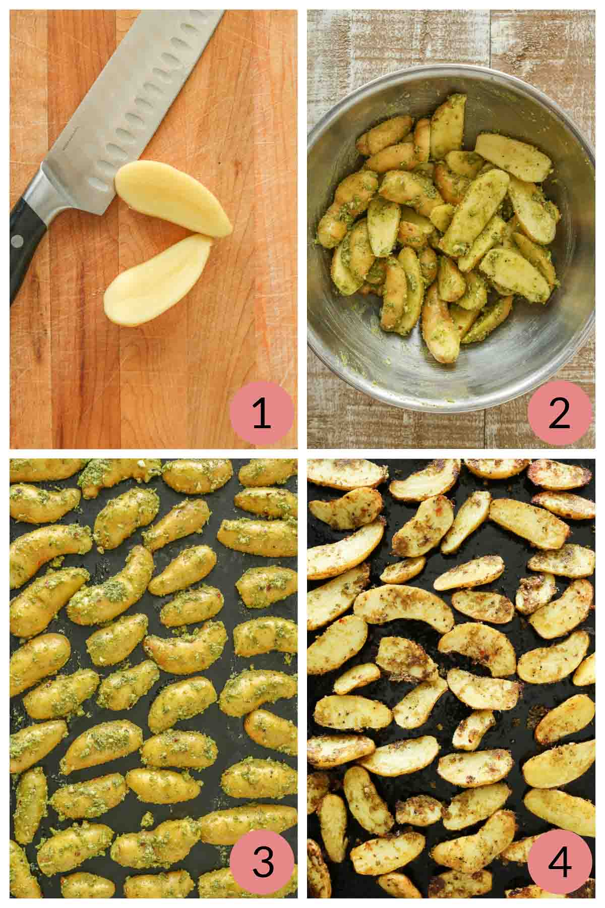 Collage of steps to make oven-roasted fingerling potatoes with pesto.