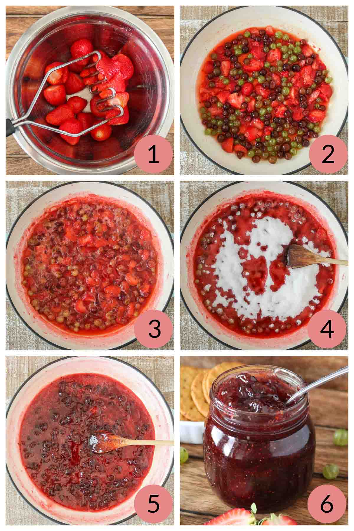 Collage of steps to make homemade jam with strawberries and gooseberries.