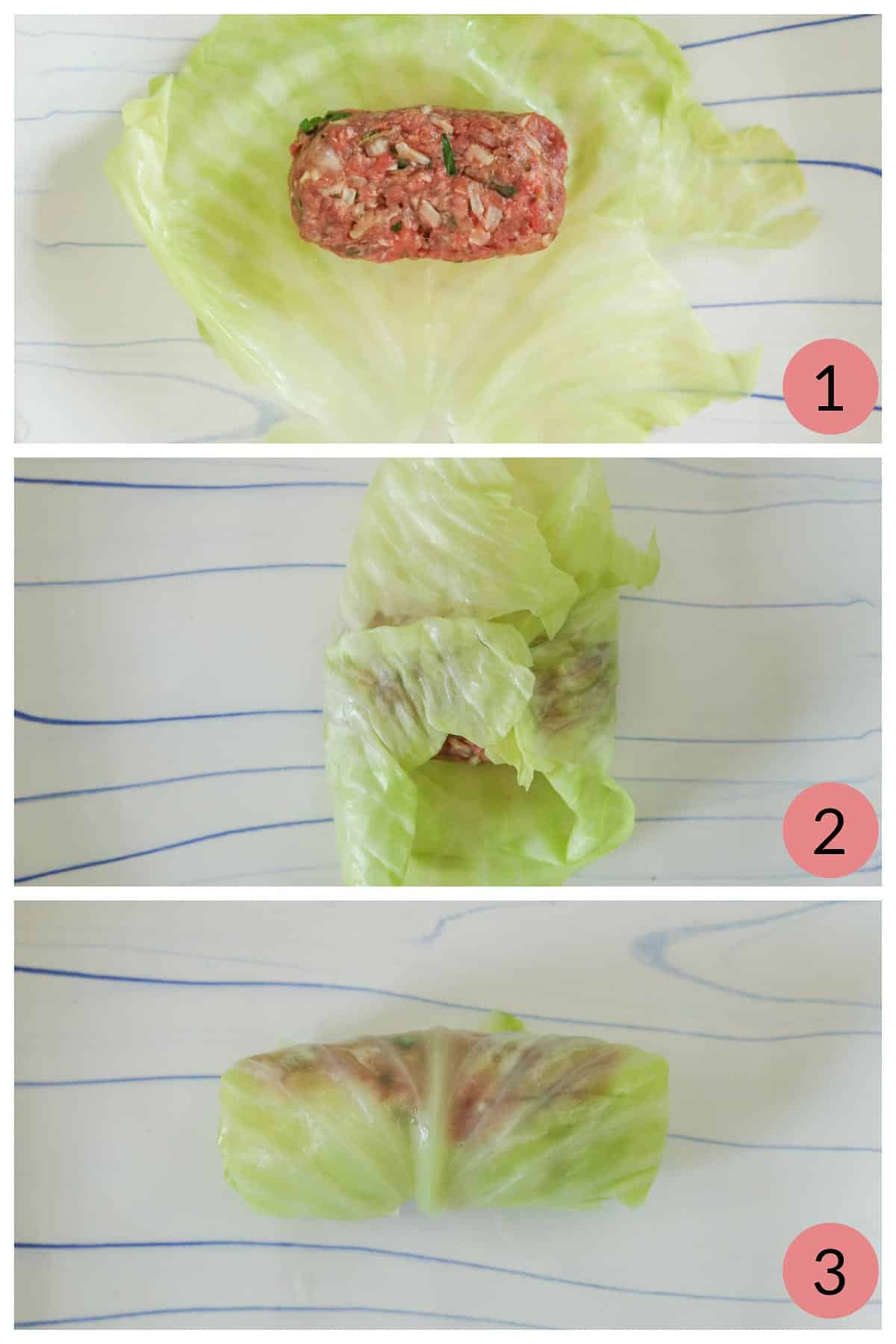 Collage of steps to stuff and roll cabbage rolls.