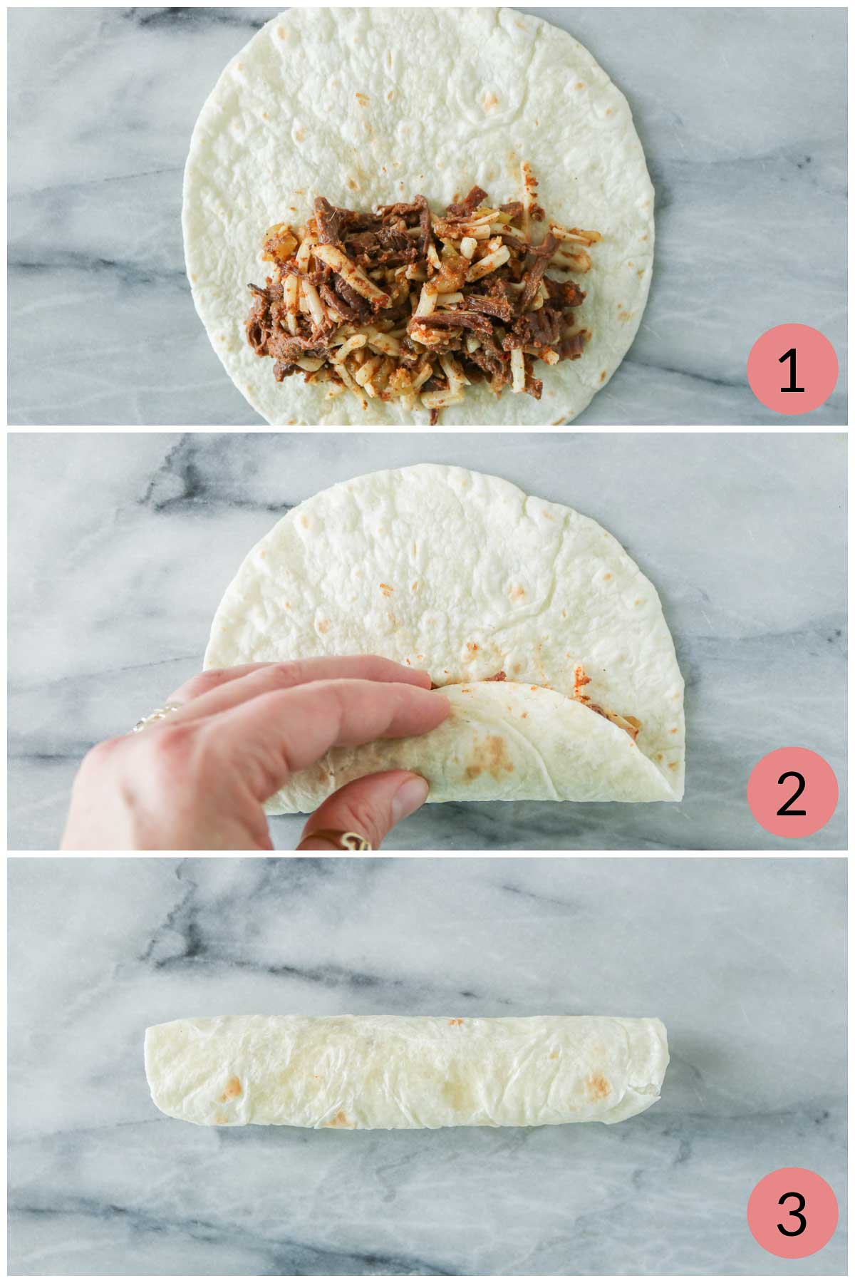 Collage of steps to roll a taquito.