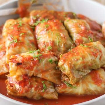 Old-fashioned cabbage rolls with tomato sauce and dill garnish in a serving dish.