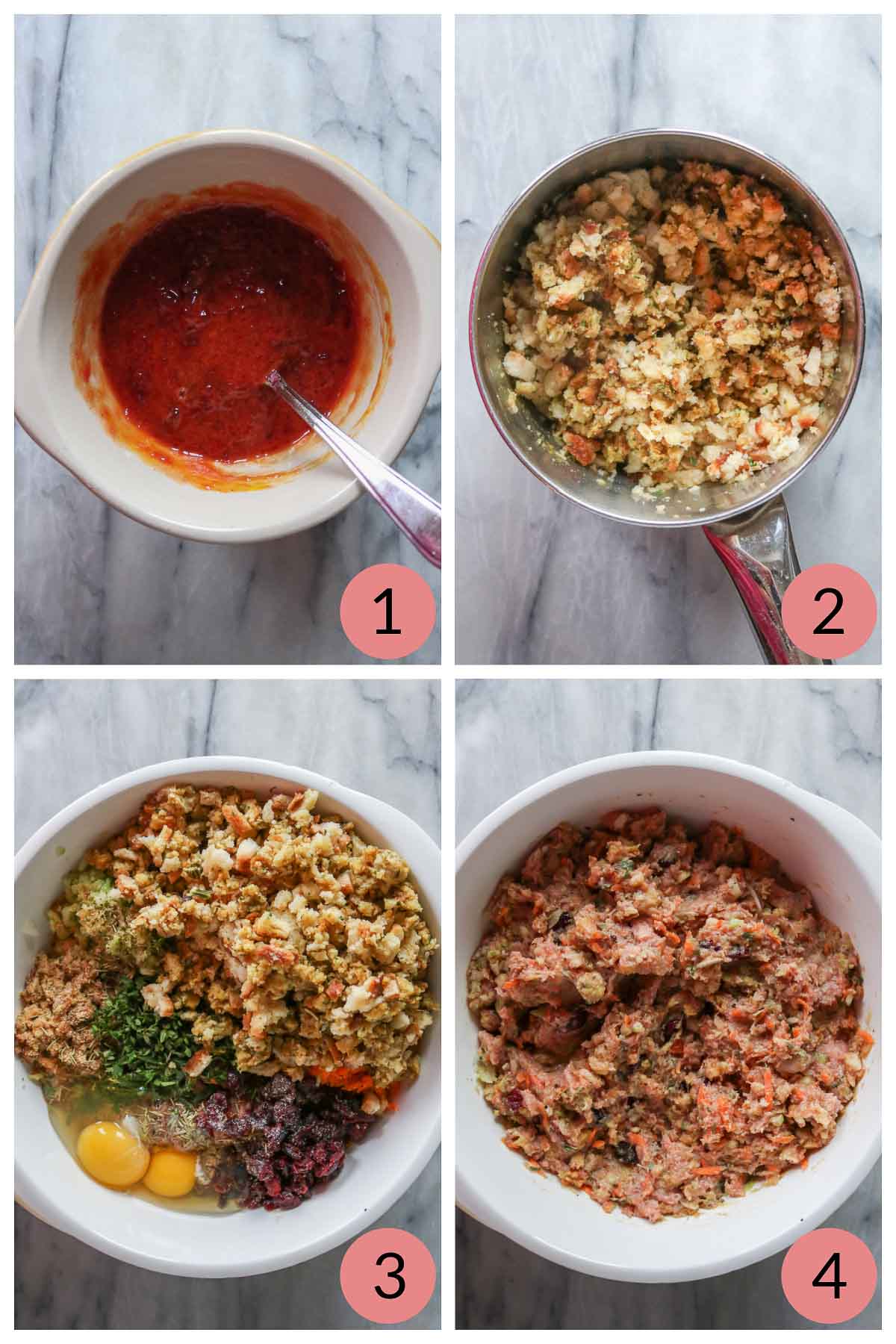 Collage of steps to prepare the meatloaf topping and filling ingredients for a meatloaf recipe.
