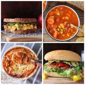 Collage: curry chicken salad sandwich, alphabet veggie soup, French onion soup and veggie sandwich.