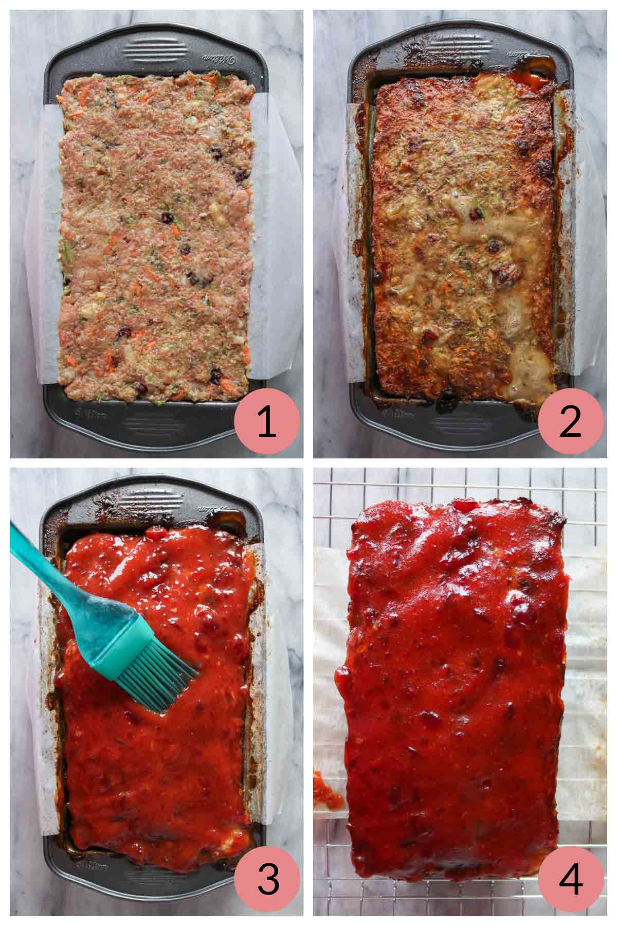 Collage of steps to assemble, bake and cool turkey meatloaf.
