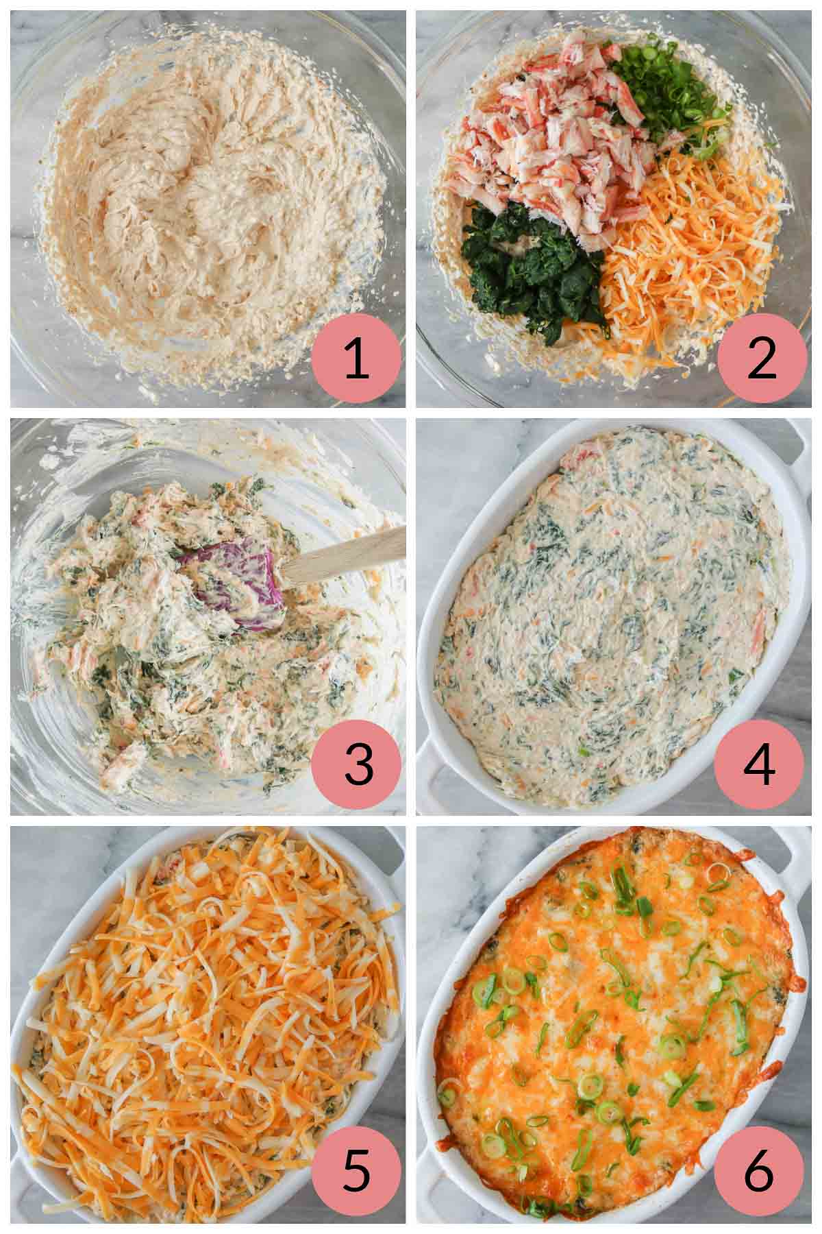 Collage of steps to make hot crab dip with spinach.