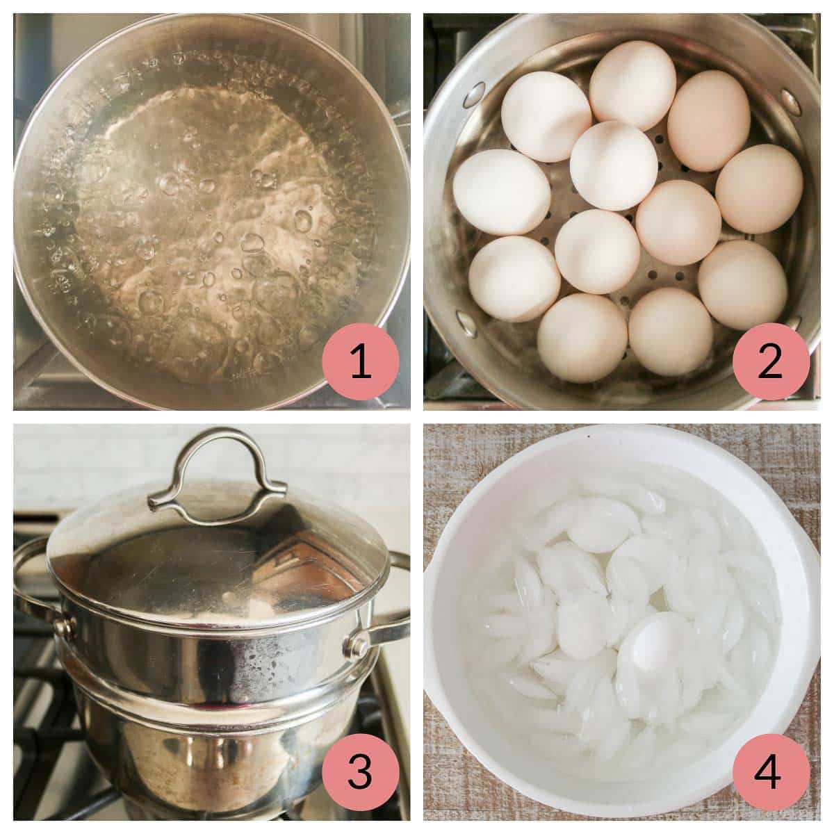 Collage of steps to cook hard-boiled eggs.
