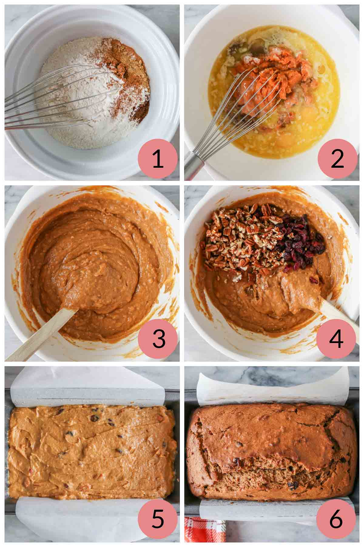 Collage of steps to make homemade pumpkin bread with pecans and cranberries.