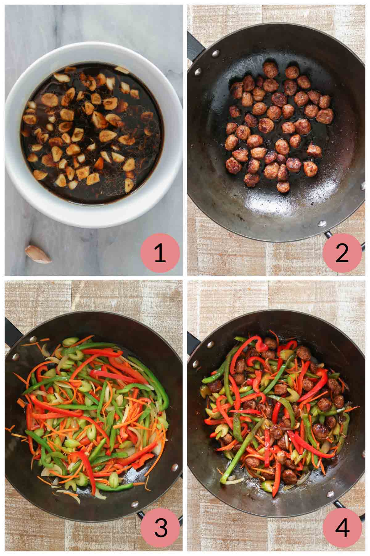 Collage of steps to make stir-fry with sausage and vegetables.
