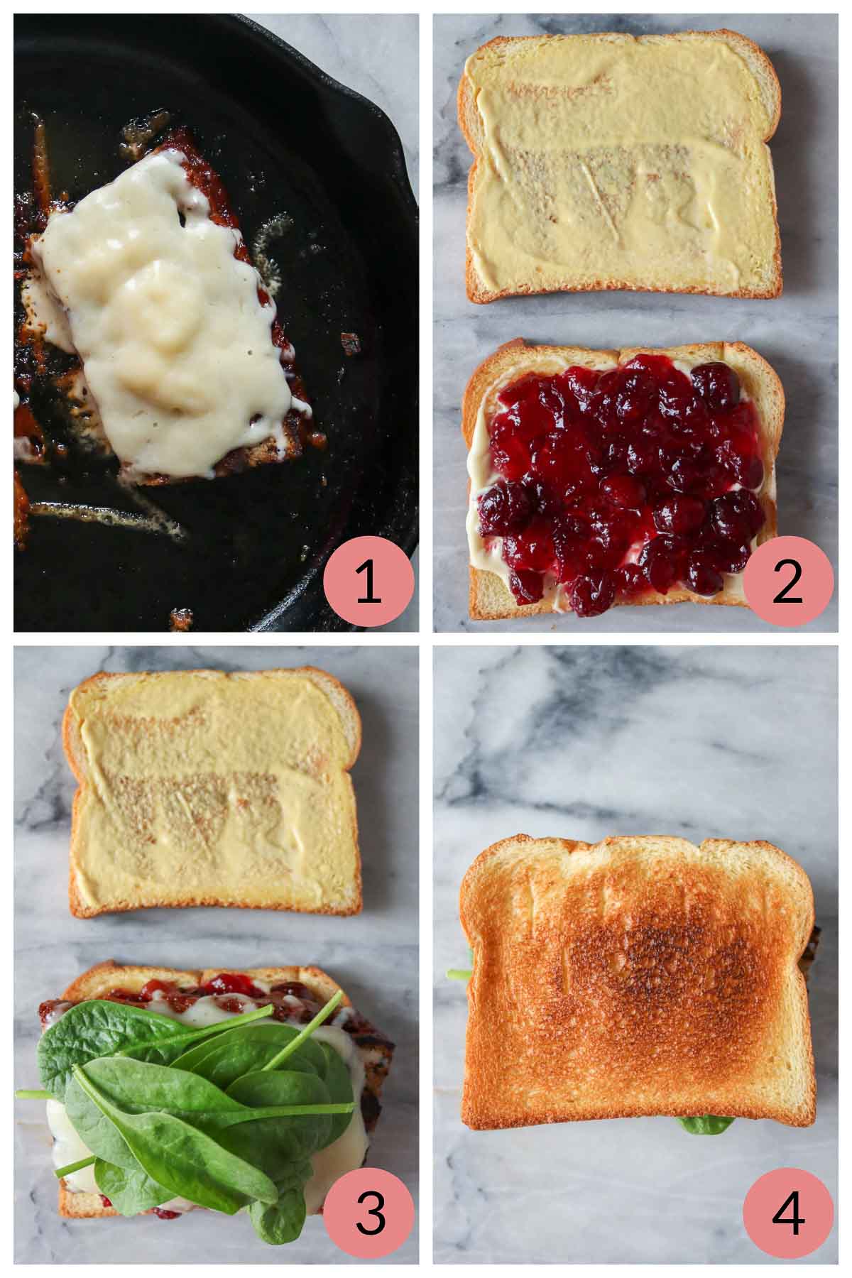 Collage of steps to make a leftover meatloaf sandwich with cranberry sauce and spinach.