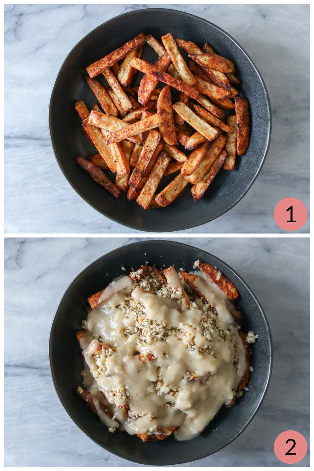Collage of steps to assemble fries with dressing and gravy.
