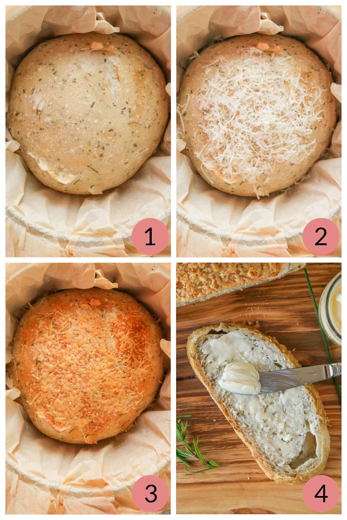 Collage of steps to bake and slice a loaf of rosemary Parmesan Dutch oven bread.