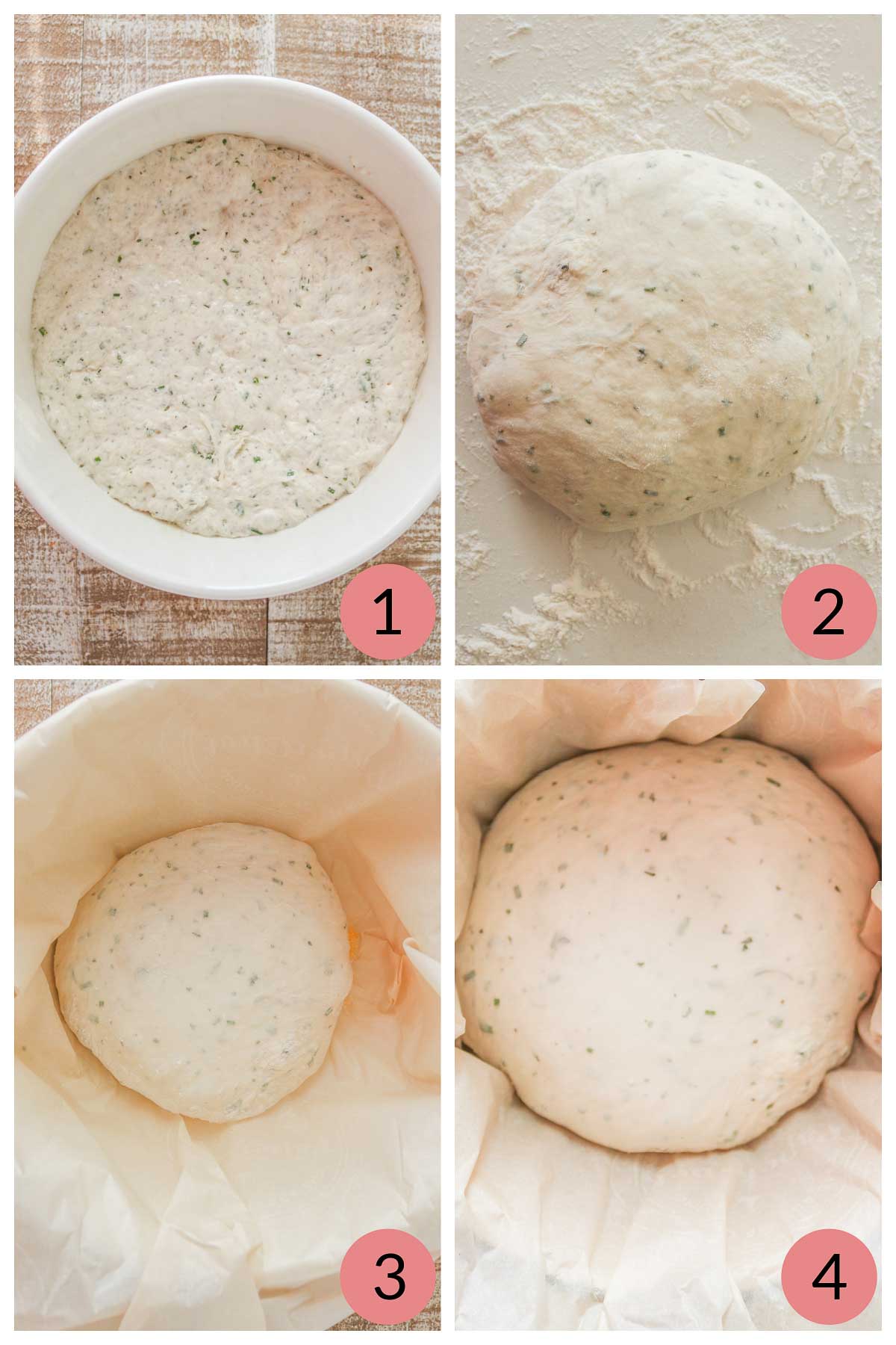 Collage of steps to rise and form bread dough before baking.