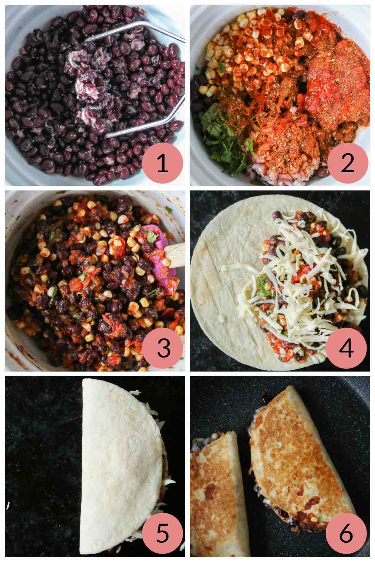 Collage of steps to make cheesy black bean quesadillas.