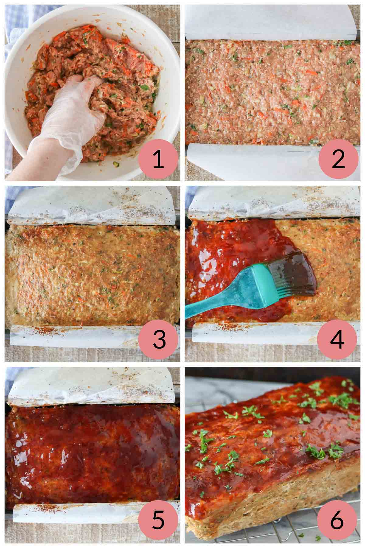 Collage of steps to make meatloaf with ground chicken.