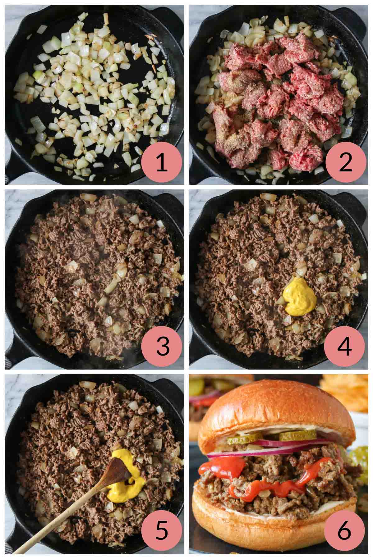 Collage of steps to make sandwiches with ground beef.