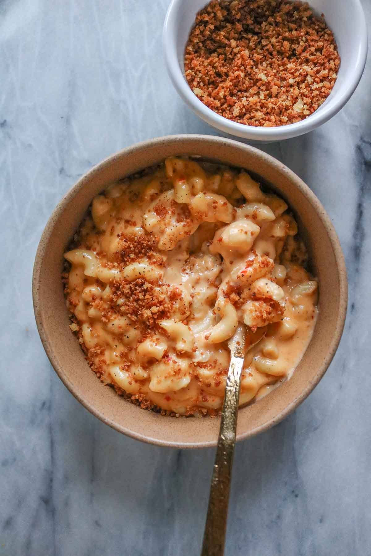 Bowl of mac and cheese with golden brown and crunchy panko bread crumbs.