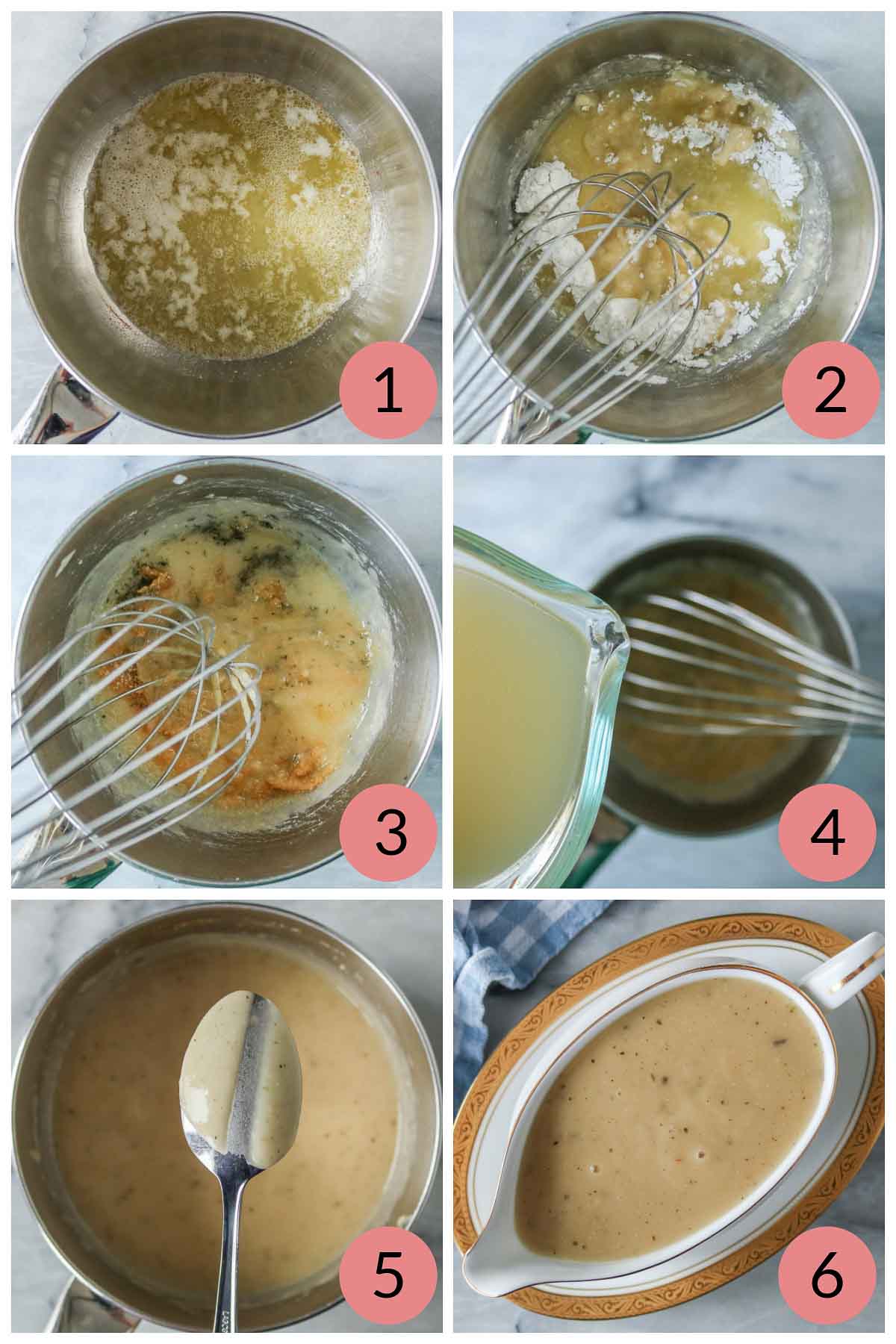 Collage of steps to make homemade gravy without drippings.