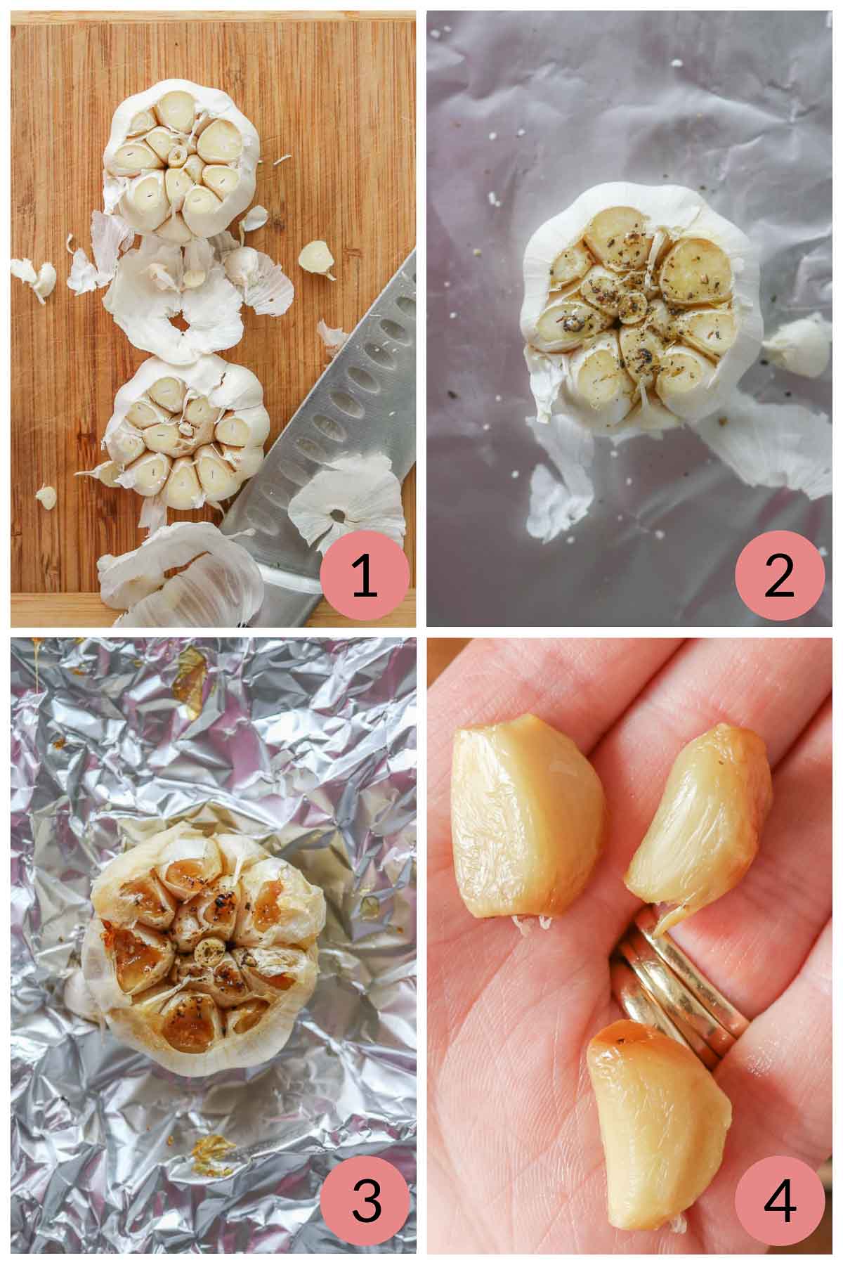 Collage of steps to make roasted garlic.