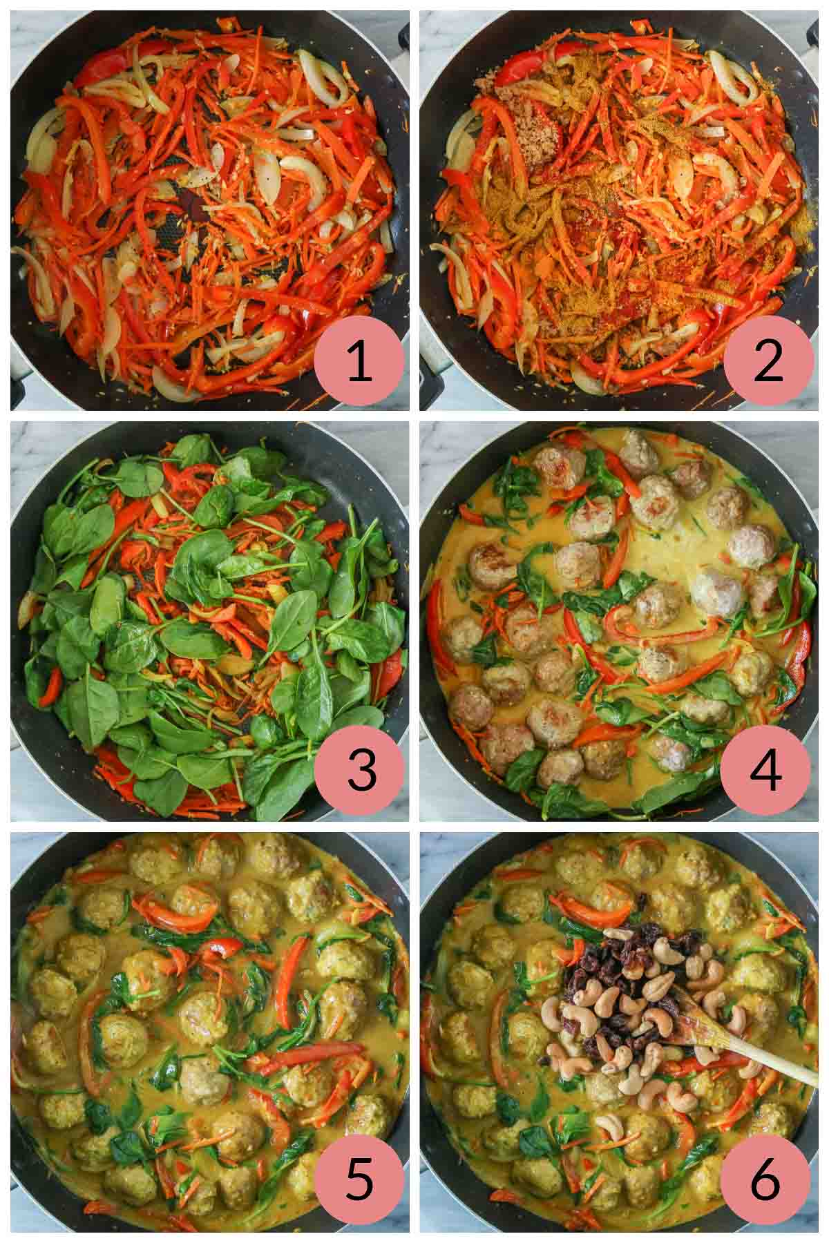 Collage of steps to make a turkey meatball curry recipe.