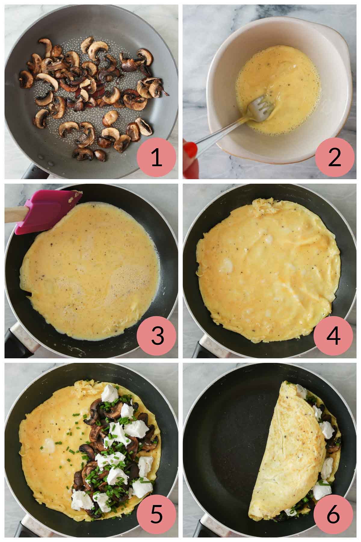 Collage of steps to make an omelette with goat cheese and mushrooms.