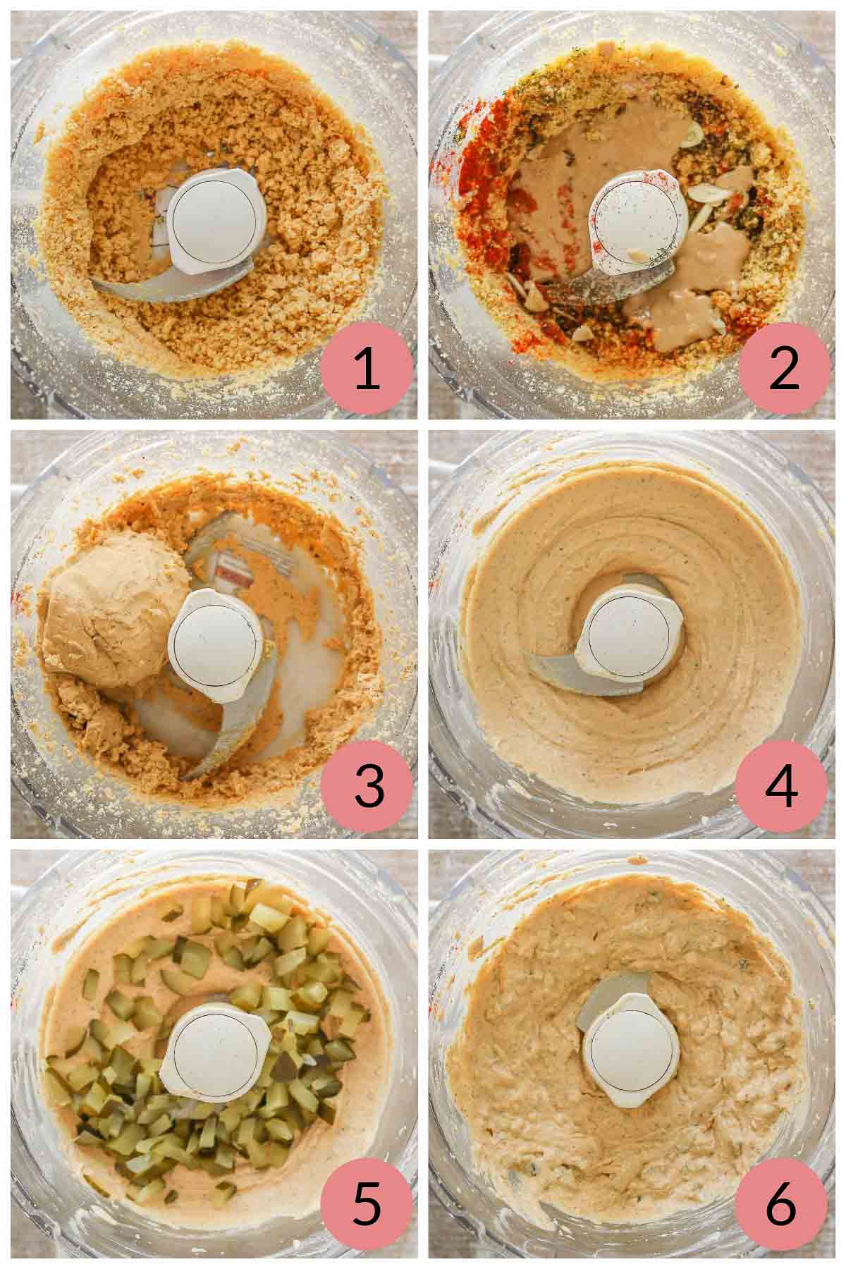 Collage of steps to make a dill pickle flavoured hummus.