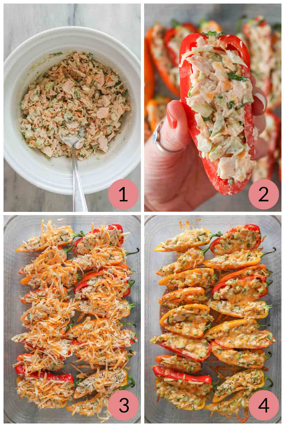 Collage of steps to make tuna melt mini stuffed bell peppers.