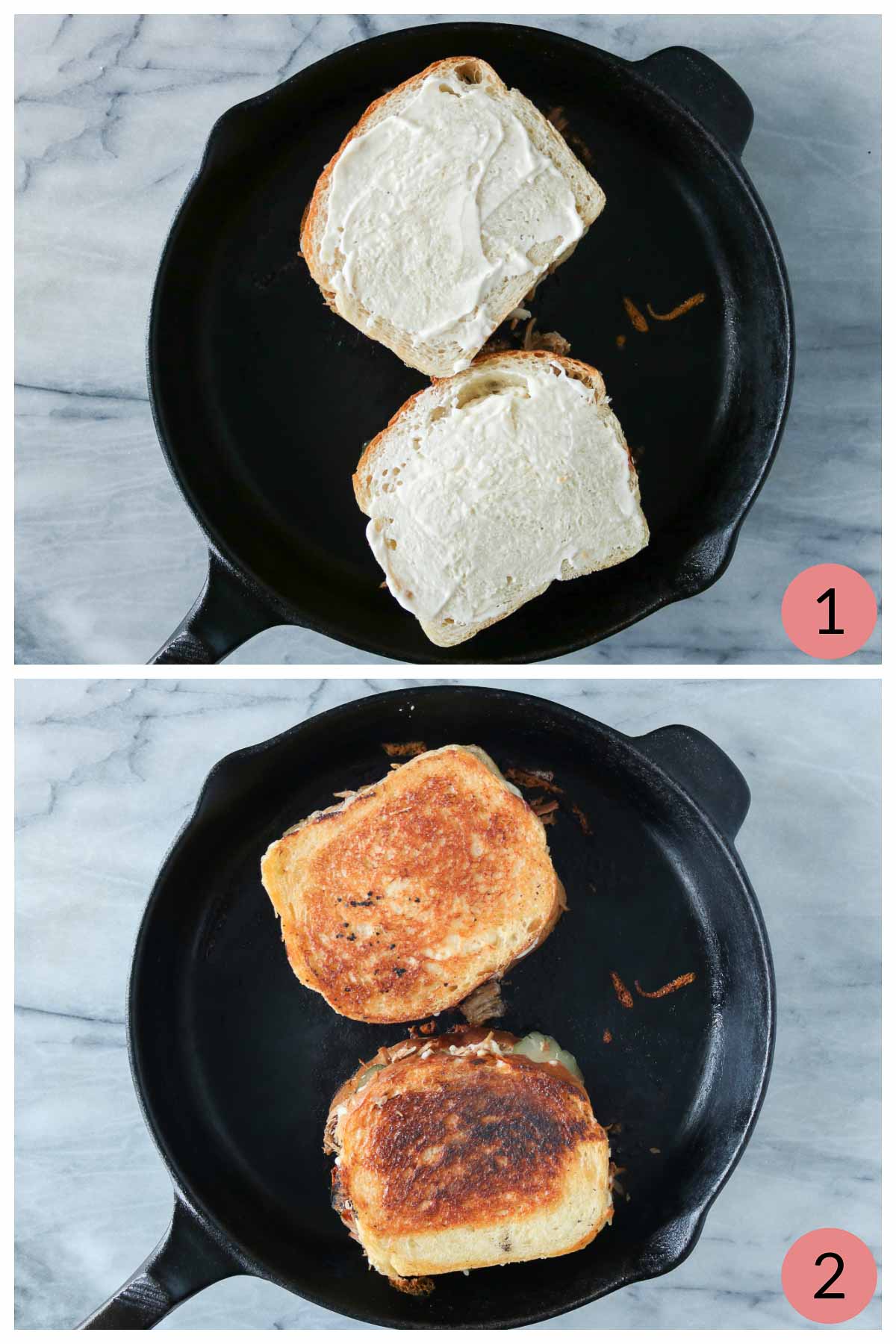 Collage of two sandwiches: before and after grilling in a skillet.