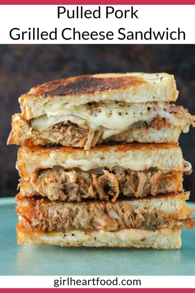 Stack of three pulled pork grilled cheese sandwich halves.