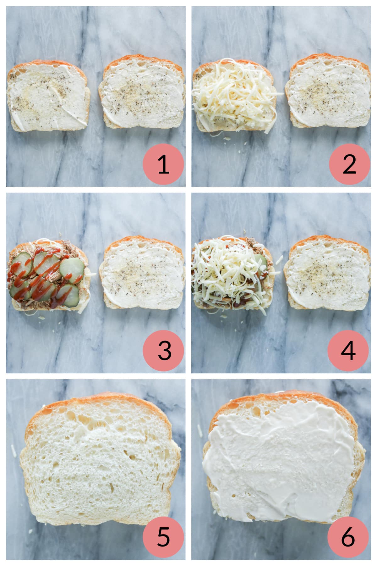 Collage of steps to assemble a cheesy pork sandwich.