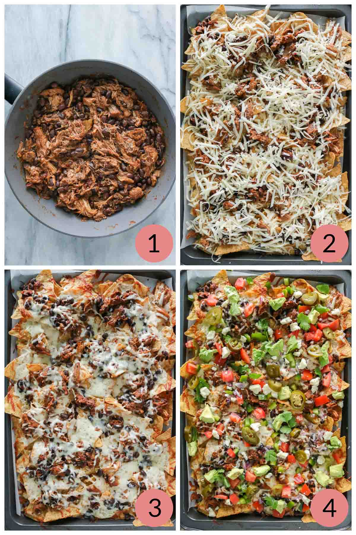 Collage of steps to make sheet pan nachos with pulled pork.