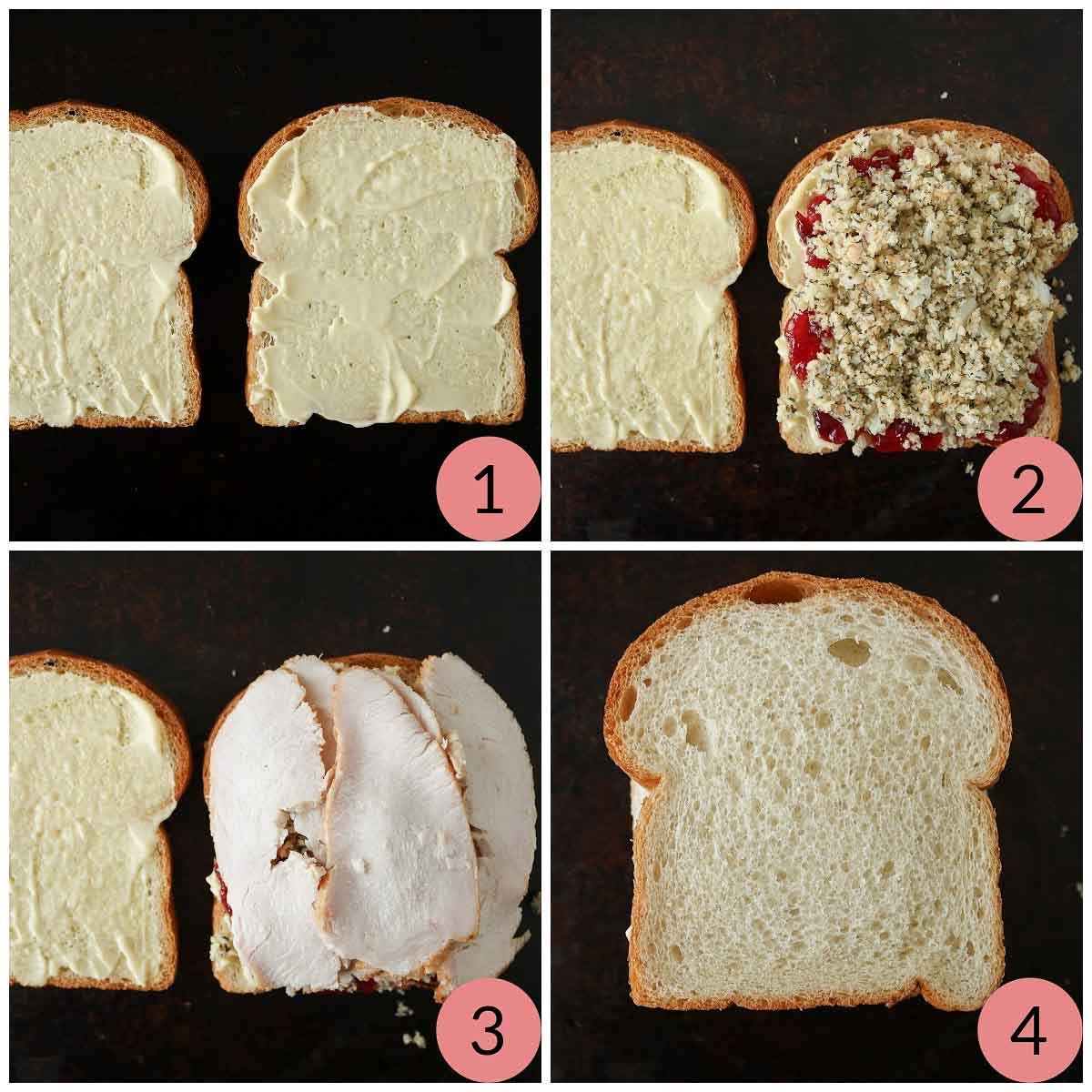 Collage of steps to assemble a turkey dressing sandwich.