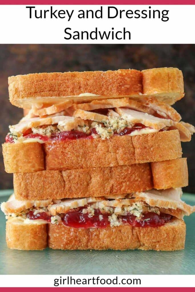 Stack of two turkey and dressing sandwiches.
