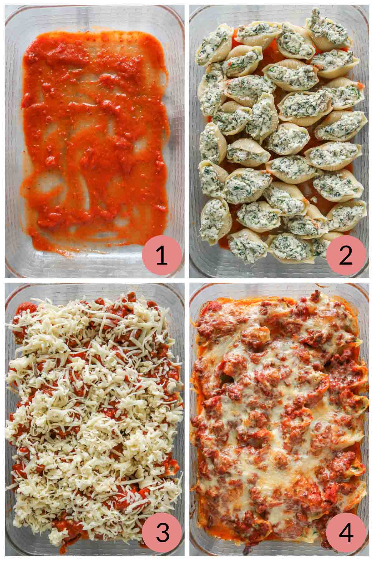 Collage of steps to assemble and bake a stuffed pasta shell recipe.
