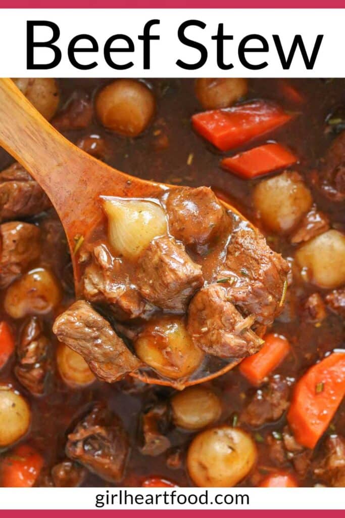 Close-up of a ladle of beef stew from a pot.