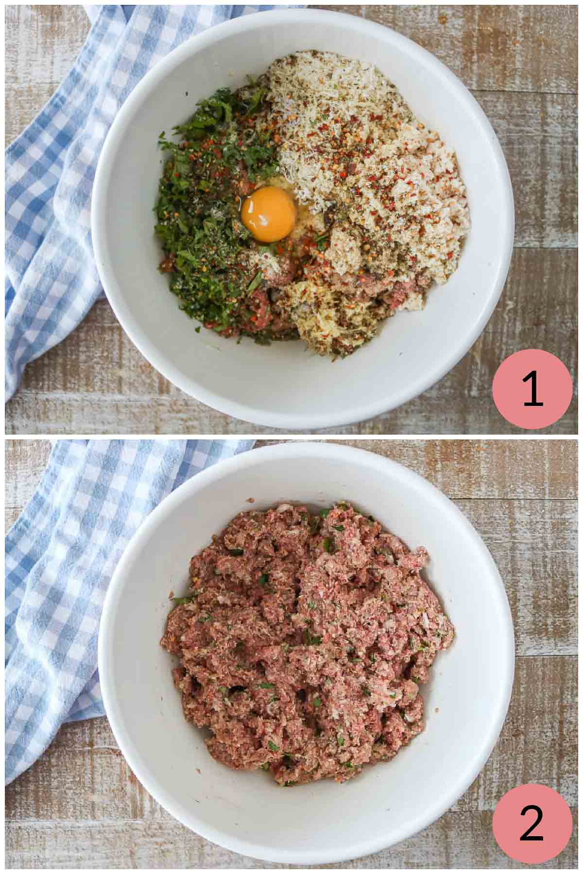Collage of meatball ingredients in a bowl, before and after mixing.