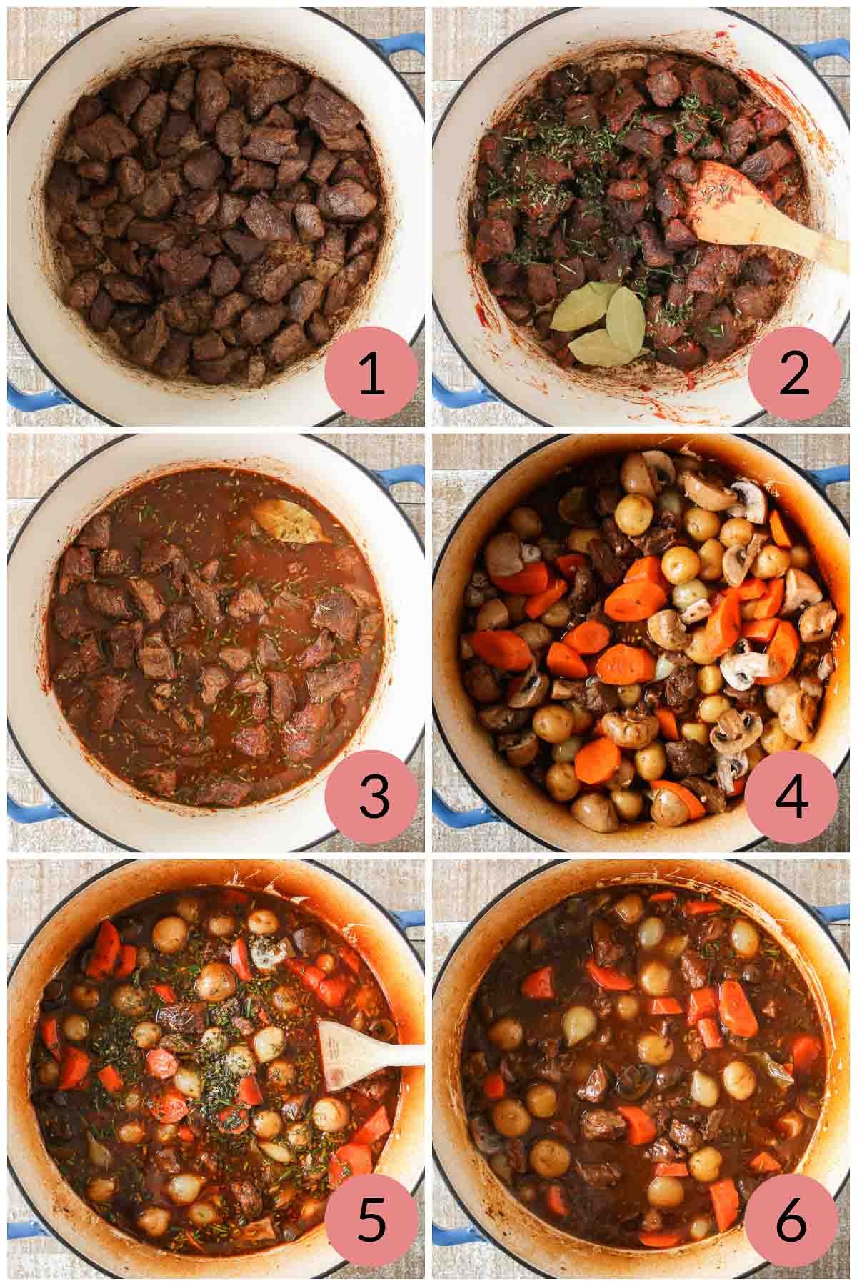 Collage of steps to make a homemade beef stew recipe.