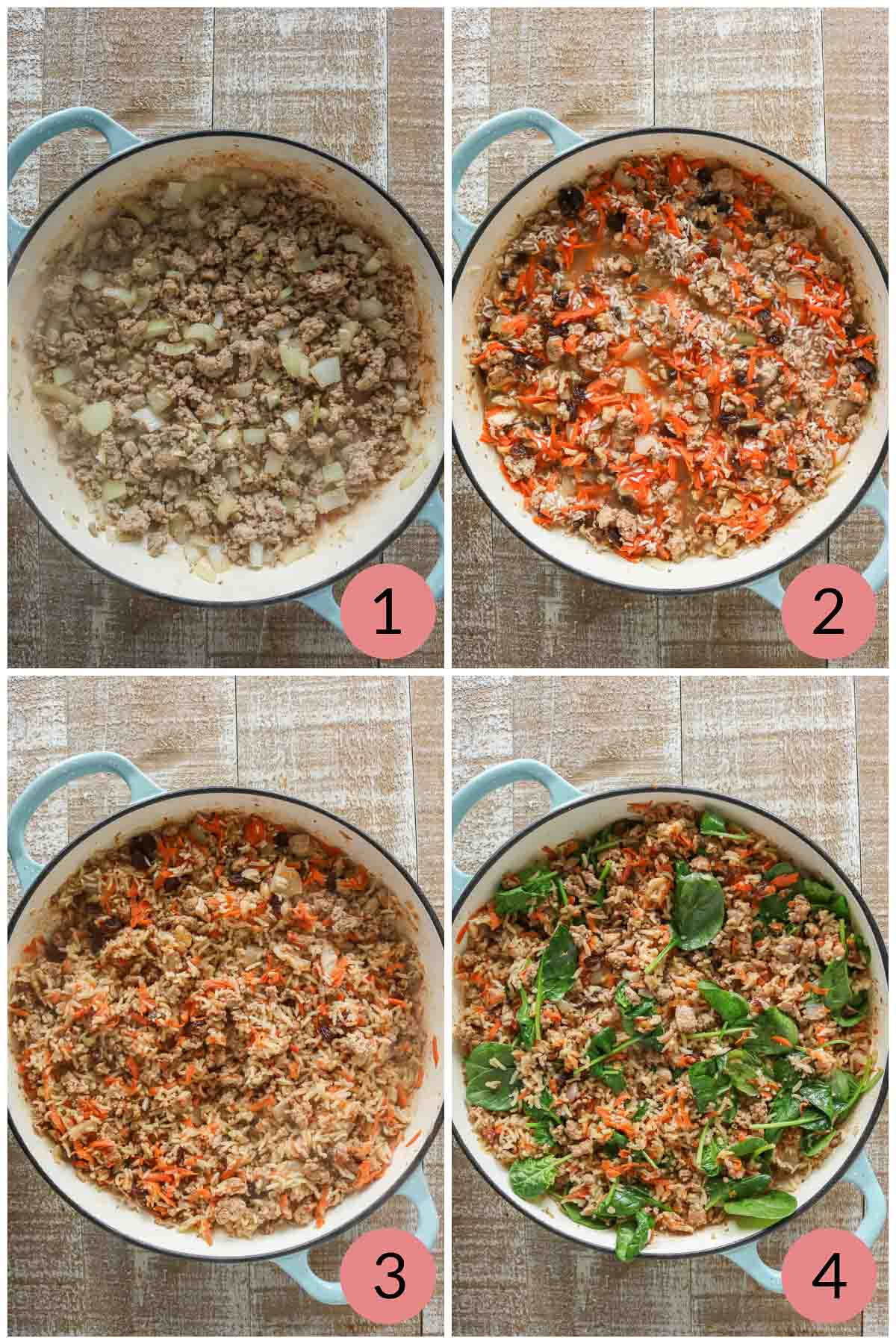 Collage of steps to make a one-pot ground chicken and rice recipe.