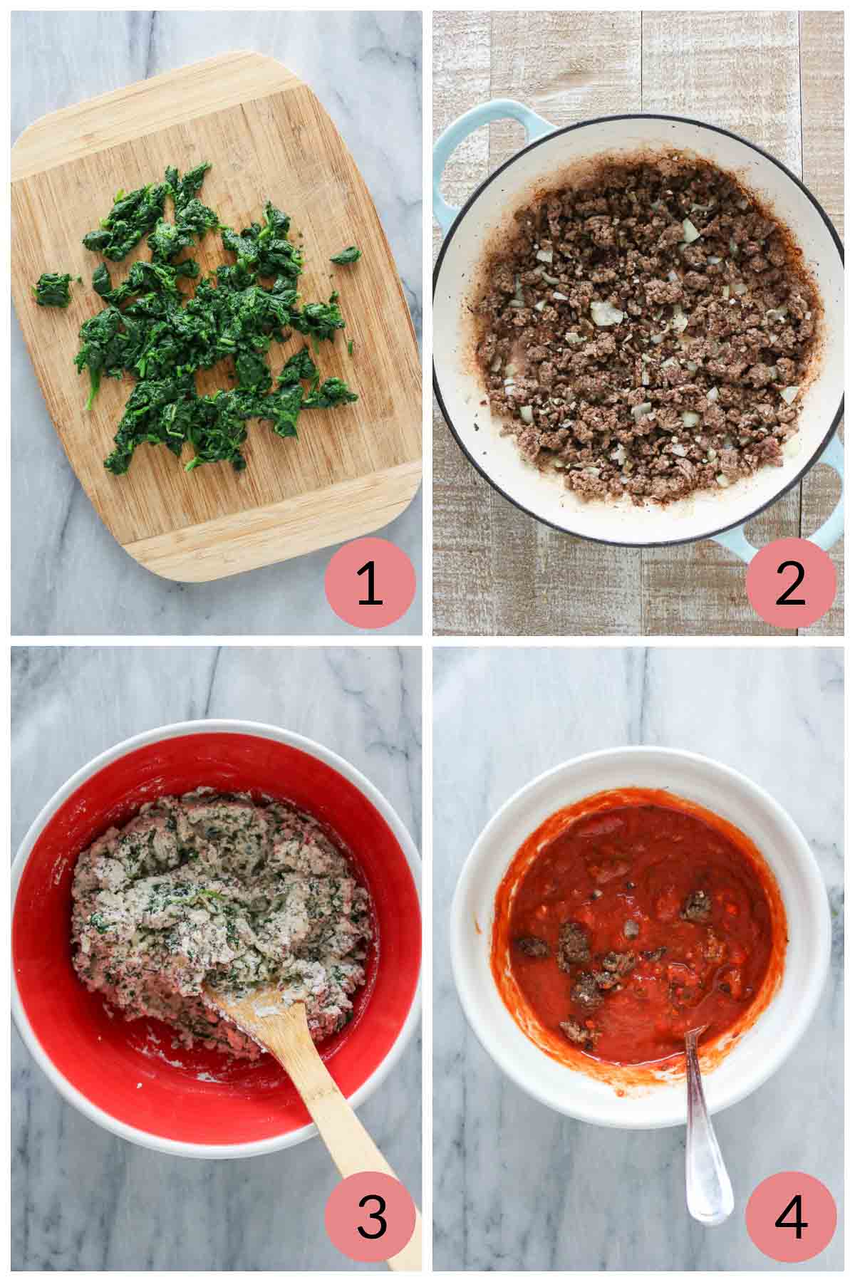 Collage of steps to prepare the filling and sauce ingredients for a stuffed shells recipe.